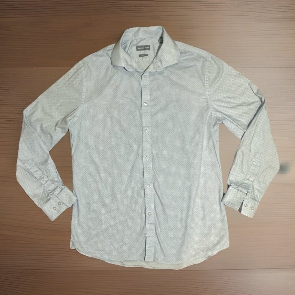Michael Kors Shirt Men’s Large 16 32/33 Button Down White W/Blue Diamond Print